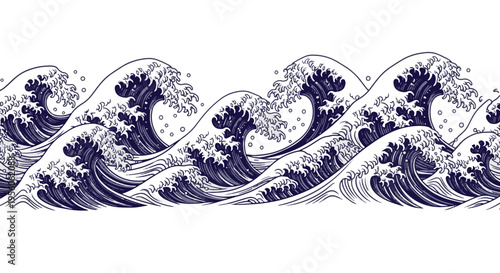Japanese Wave Art Seamless Pattern Dark Blue and White Classic Style