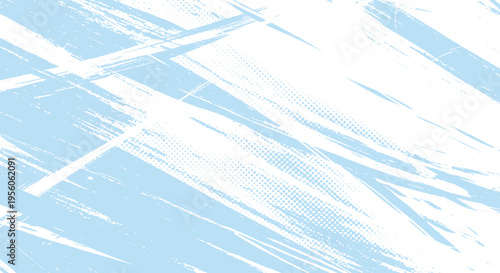 Soft light blue abstract background with white painted lines and subtle halftone texture, gentle artistic overlay for creative projects, brush stroke