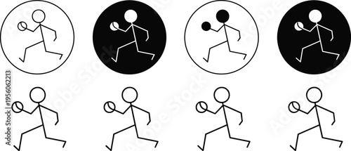 Basketball player stick figure icons illustration, simple sports activity symbols, running and dribbling poses, minimal black and white vector design – vector illustration