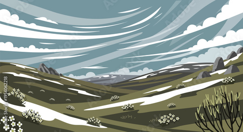 A stylized illustration portraying a serene mountain landscape with patches of melting snow under a dramatic sky