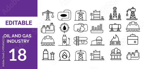 ndustrial Facilities and Energy Production Line Icons. Vector set illustrating factories,Oil and Gas industry icon set.