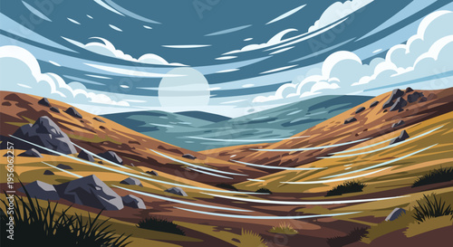 Dynamic highland landscape illustration with wind sweeping across rocky hills under a vast sky