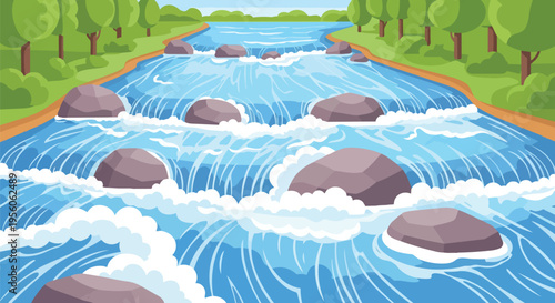 Dynamic river landscape with clear blue water, white rapids, and large rocks surrounded by lush green trees