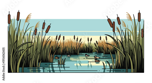 Peaceful wetland marsh scene with ducks, cattails, and reflective water under a tranquil sky. A calm natural environment, offering a quiet,