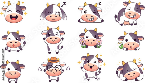Cute Cow Characters with Funny Emotions Vector Illustration Set Featuring Happy, Sleepy, Laughing Kawaii Farm Animal Mascots Collection