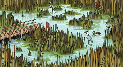 Serene wetland ecosystem with diverse waterfowl and a wooden boardwalk path for nature exploration