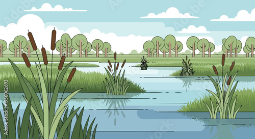 Serene flat design wetland ecosystem featuring vibrant cattails and calm reflective water