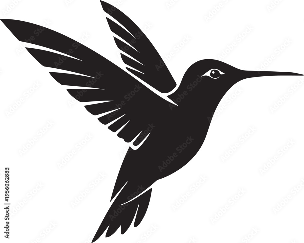 Obraz premium Silhouette of a hummingbird in flight, black, set against a clean