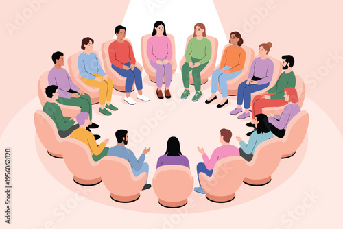 Diverse group of people sitting in circle chairs participating in group therapy or support meeting