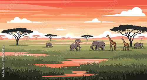 Vibrant savanna sunset with majestic elephants and graceful giraffes roaming free amidst acacia trees.
