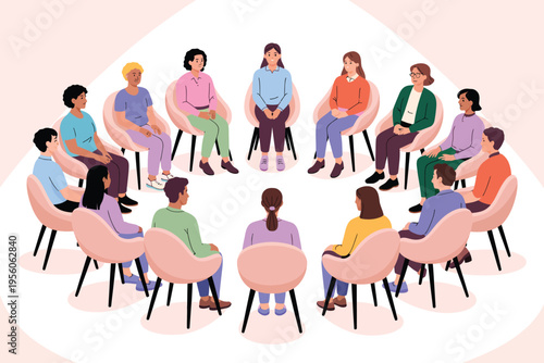 Diverse group of people sitting in a circle on chairs engaged in a discussion or therapy session
