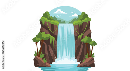 An artistic vector depiction of a majestic waterfall descending between lush green cliffs, with clear blue water flowing into a serene pool, under a