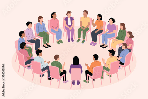 Diverse group of people sitting in a circle participating in a group session or meeting