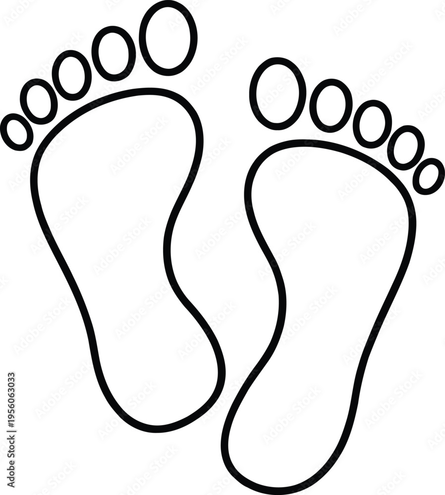 Obraz premium Simple and clean footprints outline icon showing two human feet with toes. Minimal line design on white background, perfect for health, walking, baby care, fitness, spa and lifestyle branding.