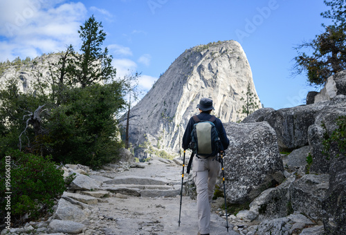 Man hiking John Muir trail. Yosemite National Park. California. USA.