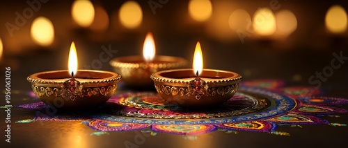 diwali festival lamps with rangoli decoration. indian celebration background