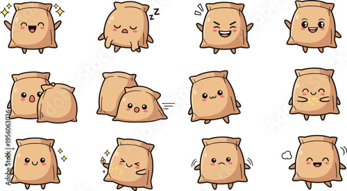 Cute Grain Sack Characters with Funny Emotions Vector Illustration Set Featuring Happy, Sleepy, Angry, Laughing Kawaii Farm Bag Mascots Collection