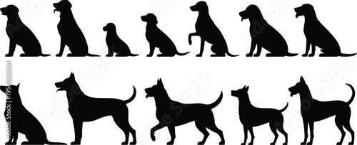 Collection of diverse dog breed silhouettes in various poses against a clean white background for design purposes