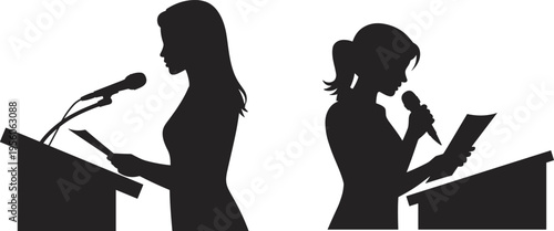 Business women public speaking silhouettes at podium with microphone reading speech presentation conference leadership communication concept, vector illustration