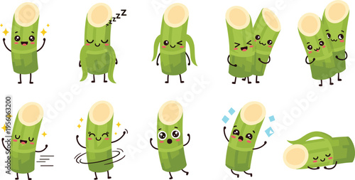 Cute Kawaii Bamboo Character Set Showing Different Emotions and Actions Funny Cartoon Green Plant Mascot Collection for Stickers, Kids Design, and Emoji Style Illustrations