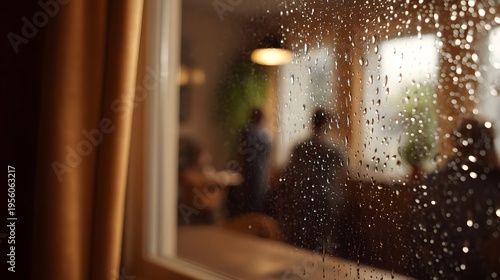 Rainy day viewed through a wet window pane into a cozy blurred interior with people