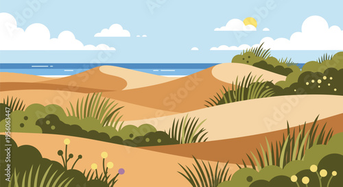 Coastal dune landscape illustration with rolling sandhills, verdant grasses, and a tranquil ocean view under a bright sunny sky with fluffy white