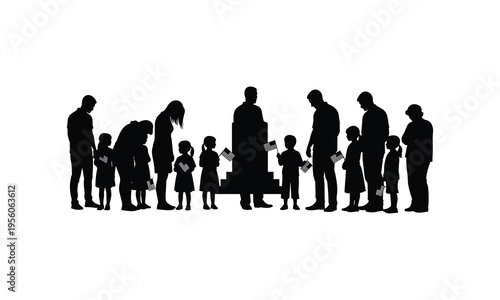 Community gathering holding small flags in a solemn and unified manner