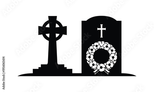 Contrast between celtic cross and traditional gravestone with wreath symbolism