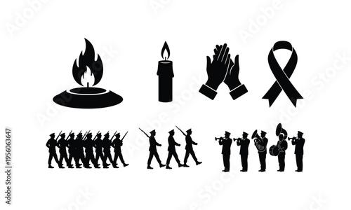 Symbols and representations of remembrance and military honor in black and white