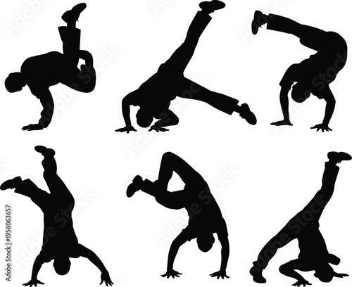 Breakdance dancers silhouettes collection in dynamic poses hip hop street dance moves vector illustration isolated on light background urban culture performance set