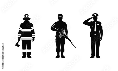 Three emergency responders illustrated in silhouette with distinct uniforms and equipment