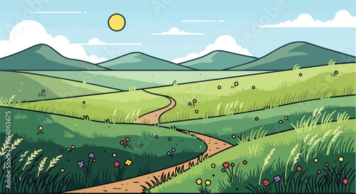 Vibrant cartoon landscape illustrating rolling green hills, a winding path, colorful wildflowers, and a bright sun in a serene blue sky.
