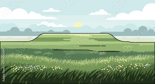 Serene flat design landscape illustration featuring a rolling green hill under a peaceful sky at dawn.