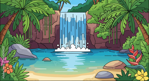Colorful cartoon artwork depicting a stunning tropical waterfall scene with clear blue waters and abundant green foliage on a sunny day showcasing