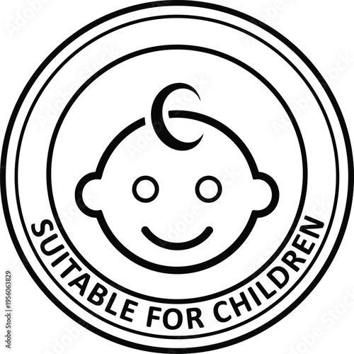 A circular monochrome icon featuring a baby face silhouette with the label suitable for children Vector