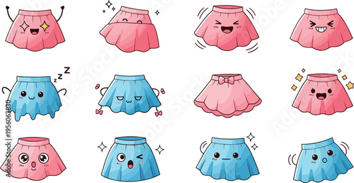 Cute Skirt Characters with Funny Emotions Vector Illustration Set Featuring Happy, Angry, Sleepy, Dancing Kawaii Fashion Mascot Clothing Collection
