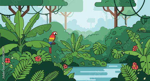 A vibrant cartoon rainforest scene with exotic wildlife like a colorful macaw a curious chameleon and a tiny frog amid lush tropical plants and