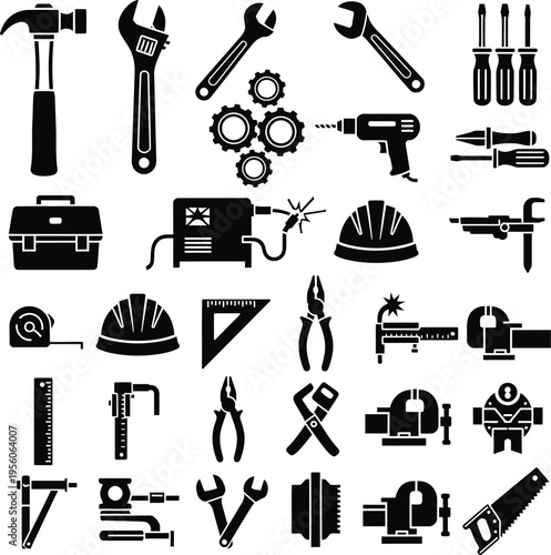 Tools and equipment icon set with measuring tape