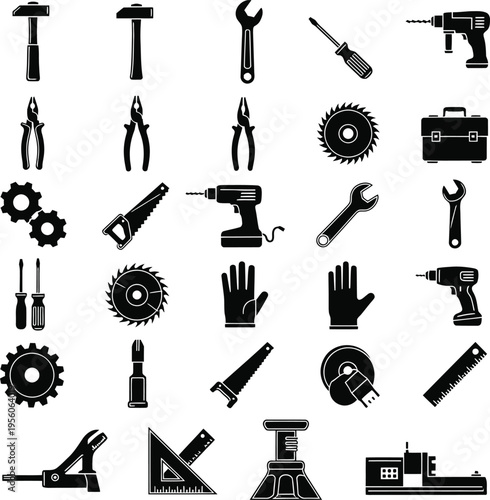 Construction and industry tools icon set with saw blade