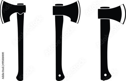 A collection of three distinct black silhouettes of camping axes displayed on a plain white background Vector