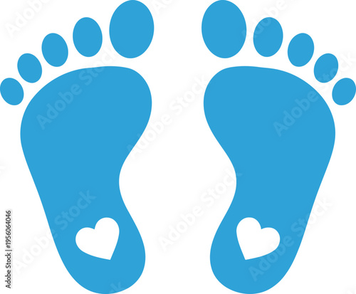 A pair of cute blue baby footprints featuring white heart icons centered on each foot sole design Vector