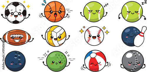 Cute Sports Ball Characters with Funny Emotions Vector Illustration Set Featuring Soccer, Basketball, Tennis, Baseball Cartoon Mascots Collection