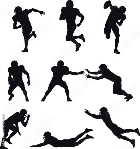 Collection of Professional American Football Player Silhouettes Featuring Running Passing Tackling and Diving Action Poses Isolated on White Background for Sports Graphic Design Projects