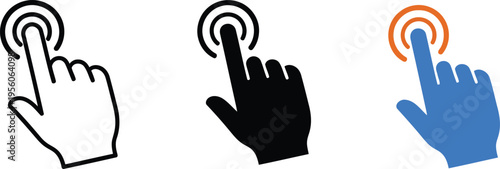 Three stylized hand cursor icons representing touch screen interaction in different design styles Vector