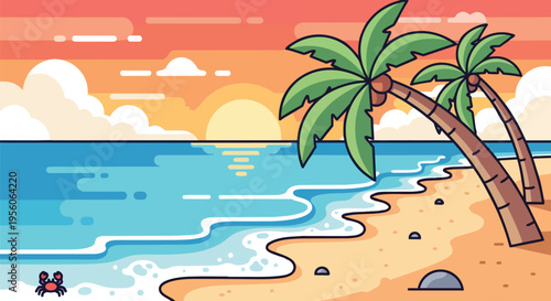 Vibrant illustration of a tropical beach at sunset, featuring graceful palm trees, calm ocean waves washing golden sands, and a cute crab exploring