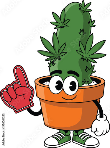 Cute cactus character with foam finger and sneakers, funny cartoon plant mascot illustration for branding, kids design and stickers