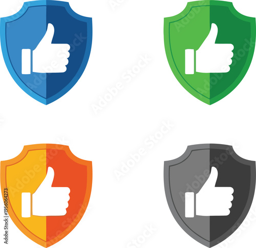 A collection of four colorful shield icons featuring a white thumbs up symbol for security concept Vector