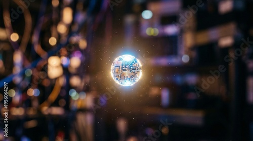 Glowing circuit board sphere in a dark room with blurred background