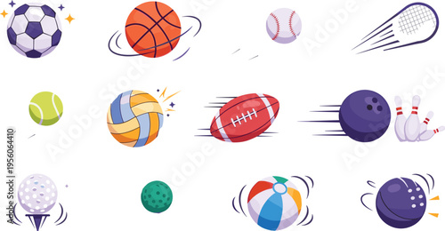 Dynamic Sports Ball Motion Vector Illustration Set Featuring Soccer, Basketball, Tennis, Volleyball, Baseball, Bowling and Fast Action Game Icons