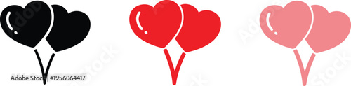 A set of three heart shaped balloon icons displayed in black, bright red, and soft pastel pink Vector